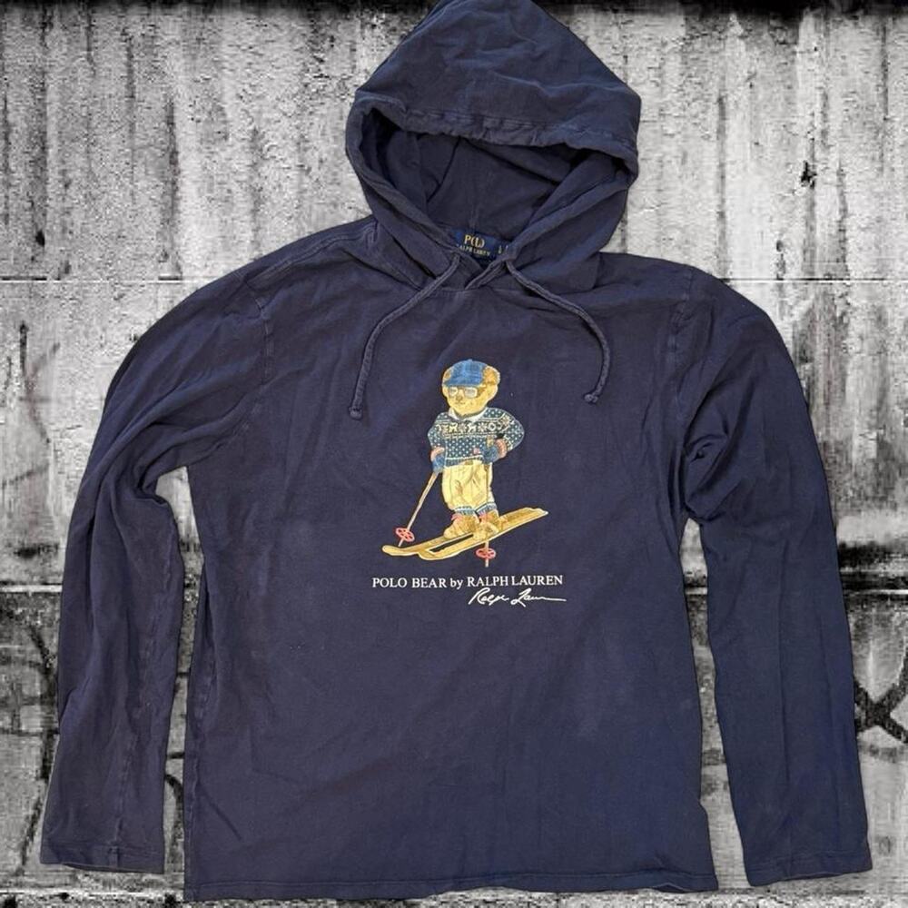 Polo Ralph Lauren Ski Bear Hoodie Navy Lightweight Thin Long Sleeve Shirt LG